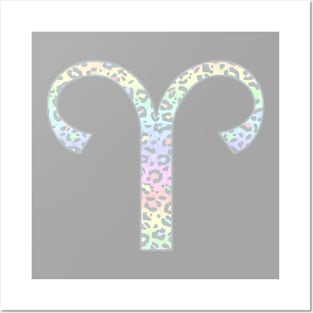 Aries Zodiac Horoscope Symbol in Pastel Rainbow Leopard Print Posters and Art